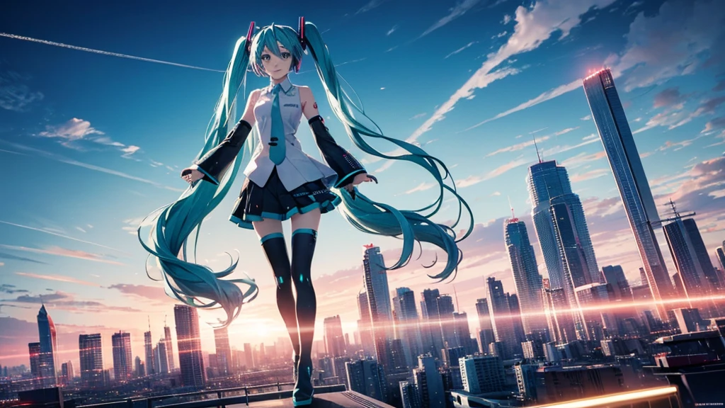 Hatsune Miku against a vast, futuristic city skyline、A spectacular scene showcasing colorful and energetic electronic dance music。