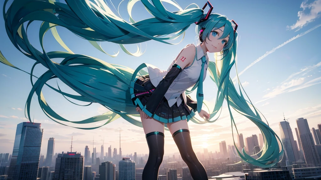 Hatsune Miku against a vast, futuristic city skyline、A spectacular scene showcasing colorful and energetic electronic dance music。