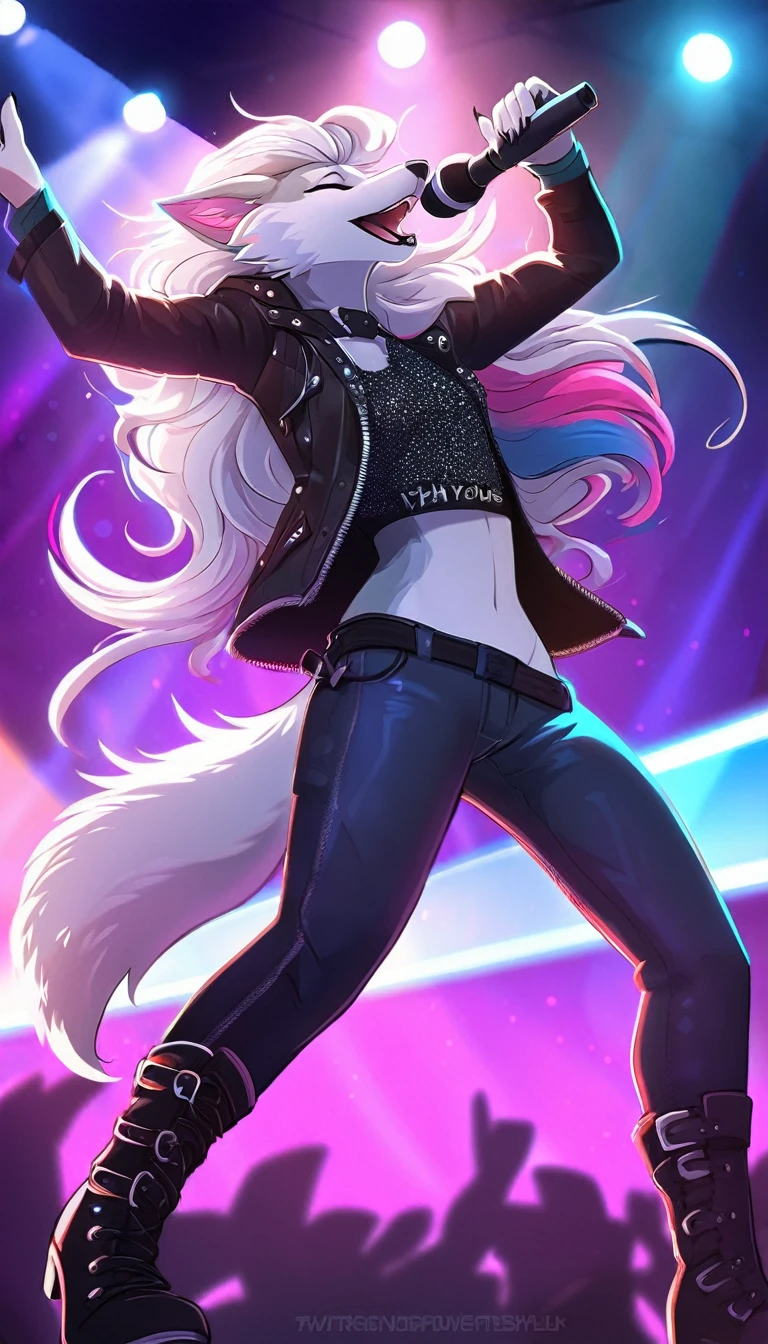 solo, a beautiful wolf, with long flowing white hair with blue and pink highlights, lead singer of a rock band, stylish outfit, wearing a jacket, pants and boots, singing, show, play of lights, happy expression, hourglass body, dynamic light
