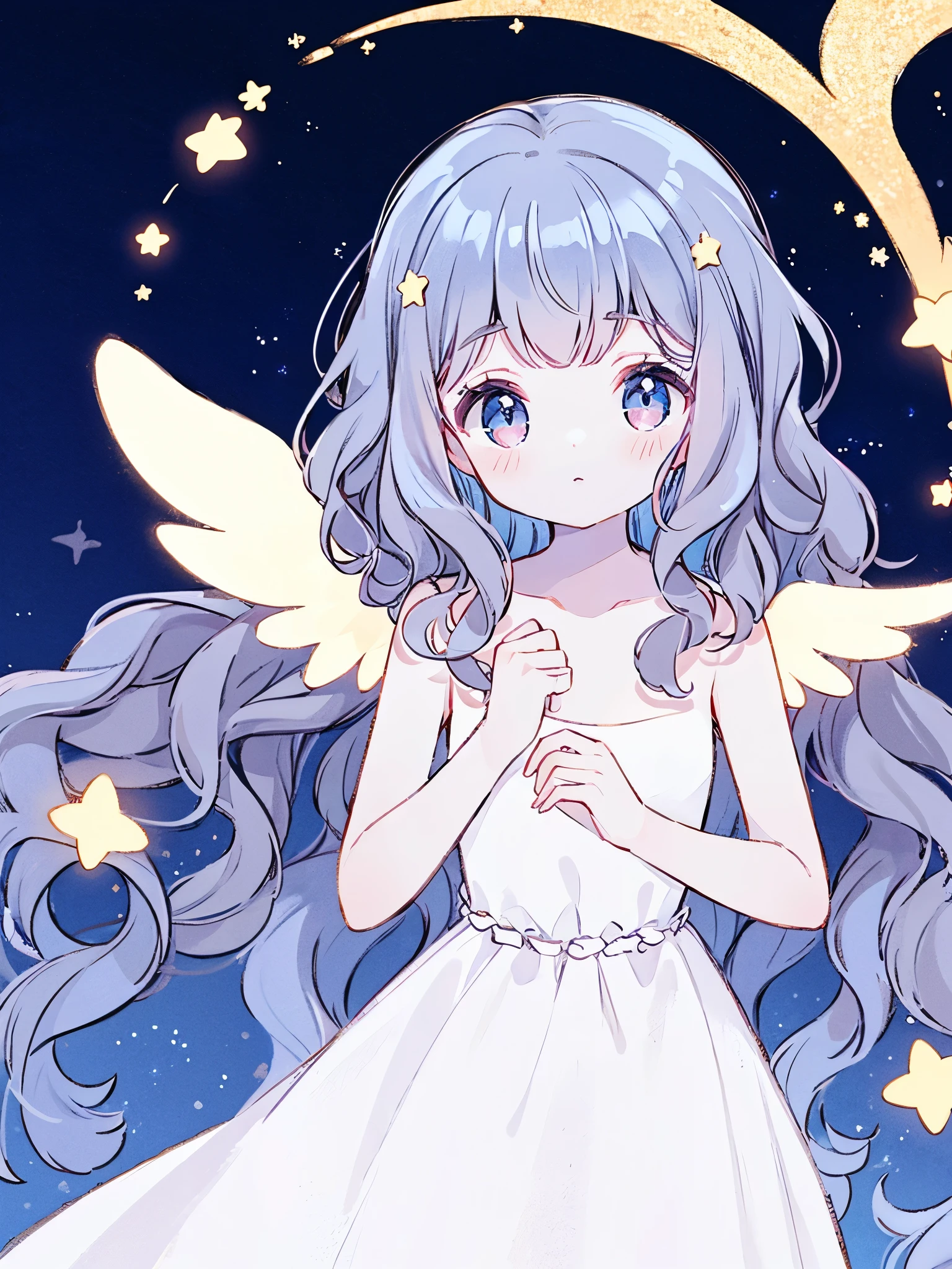 nude angel girl wearing an ethereal translucent dress, pale skin, ((wavy hair)), white feathers, angel wings, sparkling detailed eyes, golden ratio face, perfect composition, highly detailed, ethereal, (starry night sky background), midjourney style