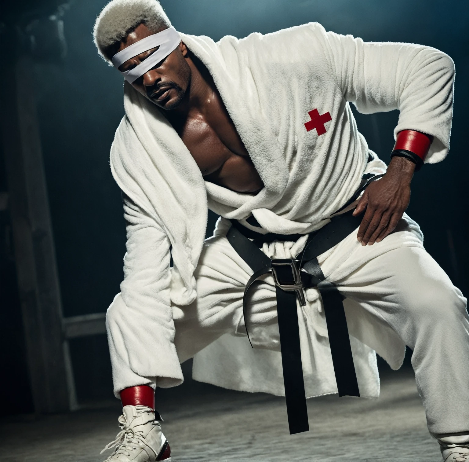 Sci-fi cinematic film scene slightly muscular brown skin man with a short Afro White hair wearing a white blindfold With a red cross on it on his eyes Wearing a white robe and a giant black wrestling belt with a white cross on it wearing a giant White sweatpants and a white leather boots, realistic photograph movie scene dark atmosphere,35mmm