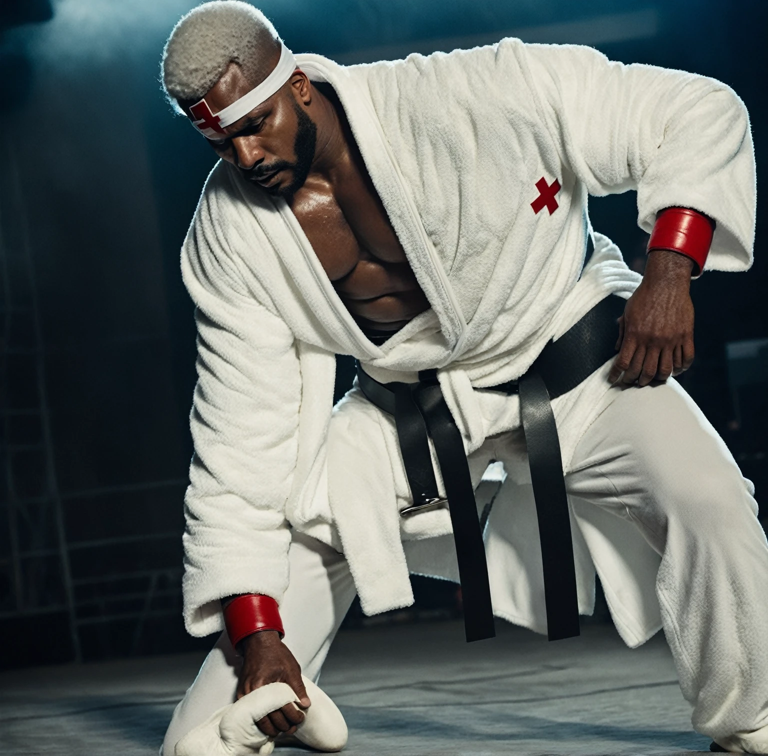 Sci-fi cinematic film scene slightly muscular brown skin man with a short Afro White hair wearing a white blindfold With a red cross on it on his eyes Wearing a white robe and a giant black wrestling belt with a white cross on it wearing a giant White sweatpants and a white leather boots, realistic photograph movie scene dark atmosphere,35mmm