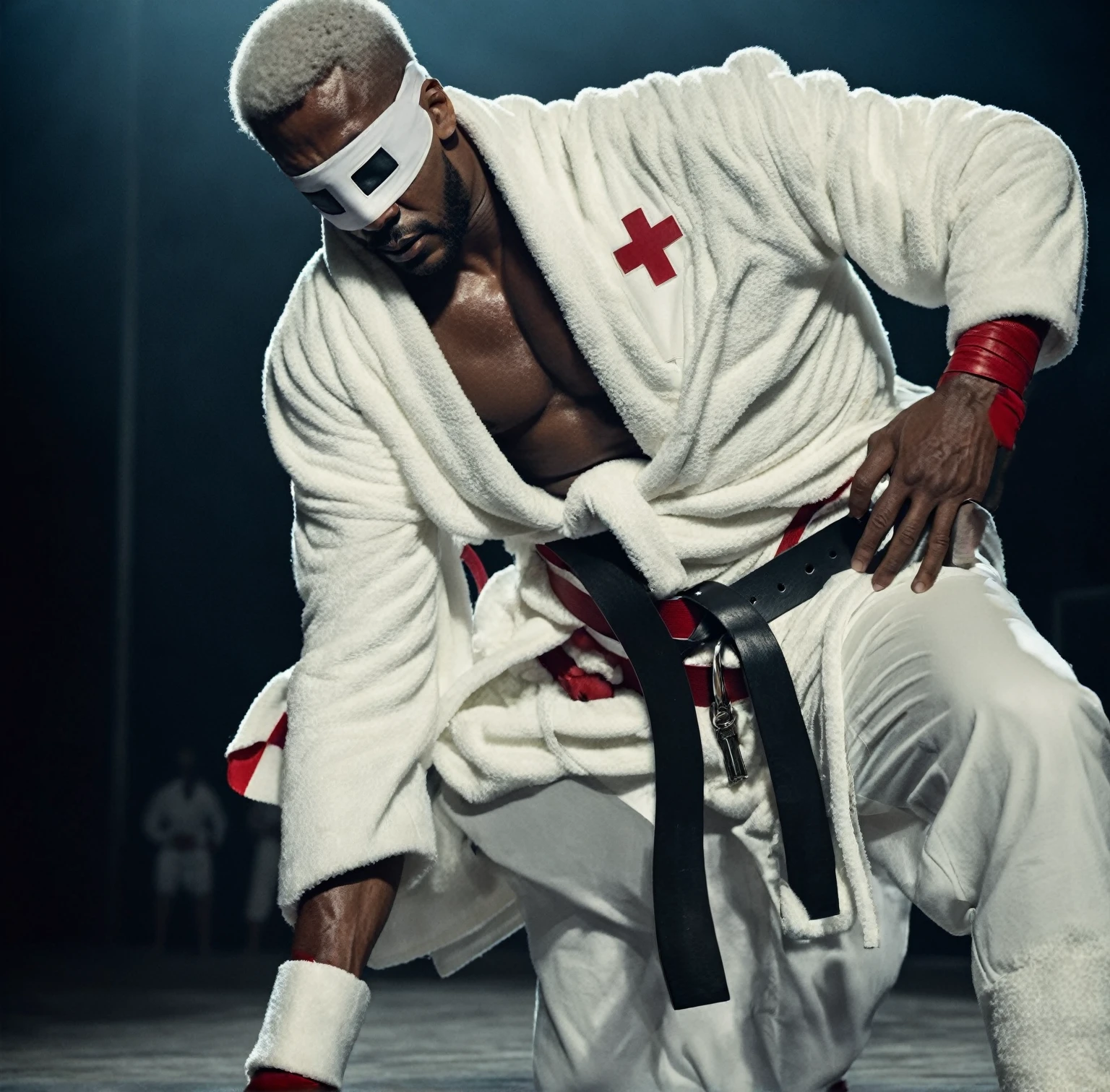 Sci-fi cinematic film scene slightly muscular brown skin man with a short Afro White hair wearing a white blindfold With a red cross on it on his eyes Wearing a white robe and a giant black wrestling belt with a white cross on it wearing a giant White sweatpants and a white leather boots, realistic photograph movie scene dark atmosphere,35mmm