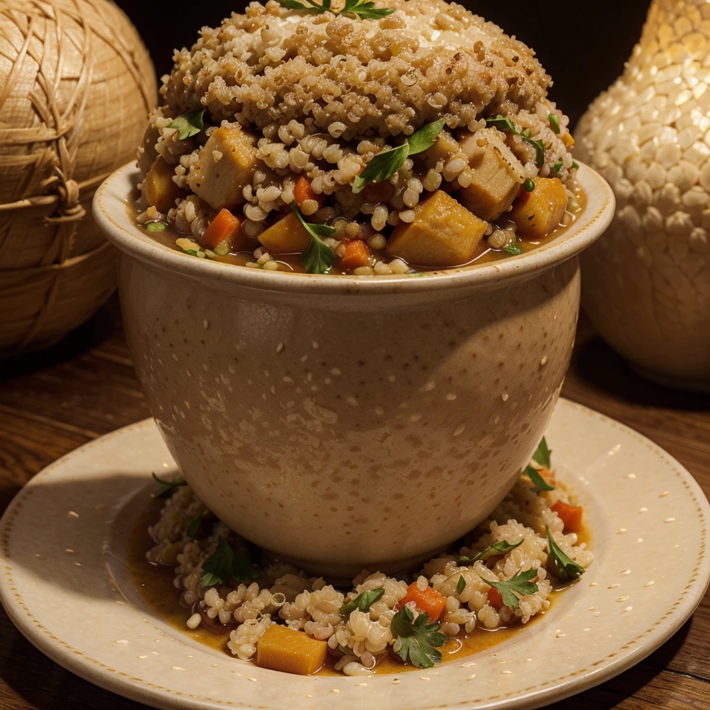 a plate of quinoa stew with boiled cassava, detailed food textures, realistic, 4k, photorealistic, studio lighting, vibrant colors, food not too close together, quinoa not wheat, highly detailed, masterpiece and have rice 