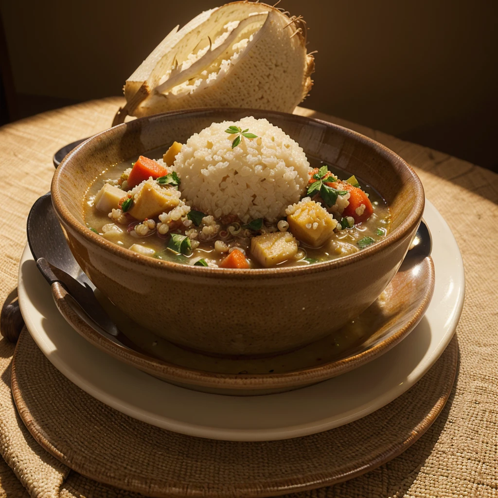 a plate of quinoa stew with boiled cassava, detailed food textures, realistic, 4k, photorealistic, studio lighting, vibrant colors, food not too close together, quinoa not wheat, highly detailed, masterpiece and have rice