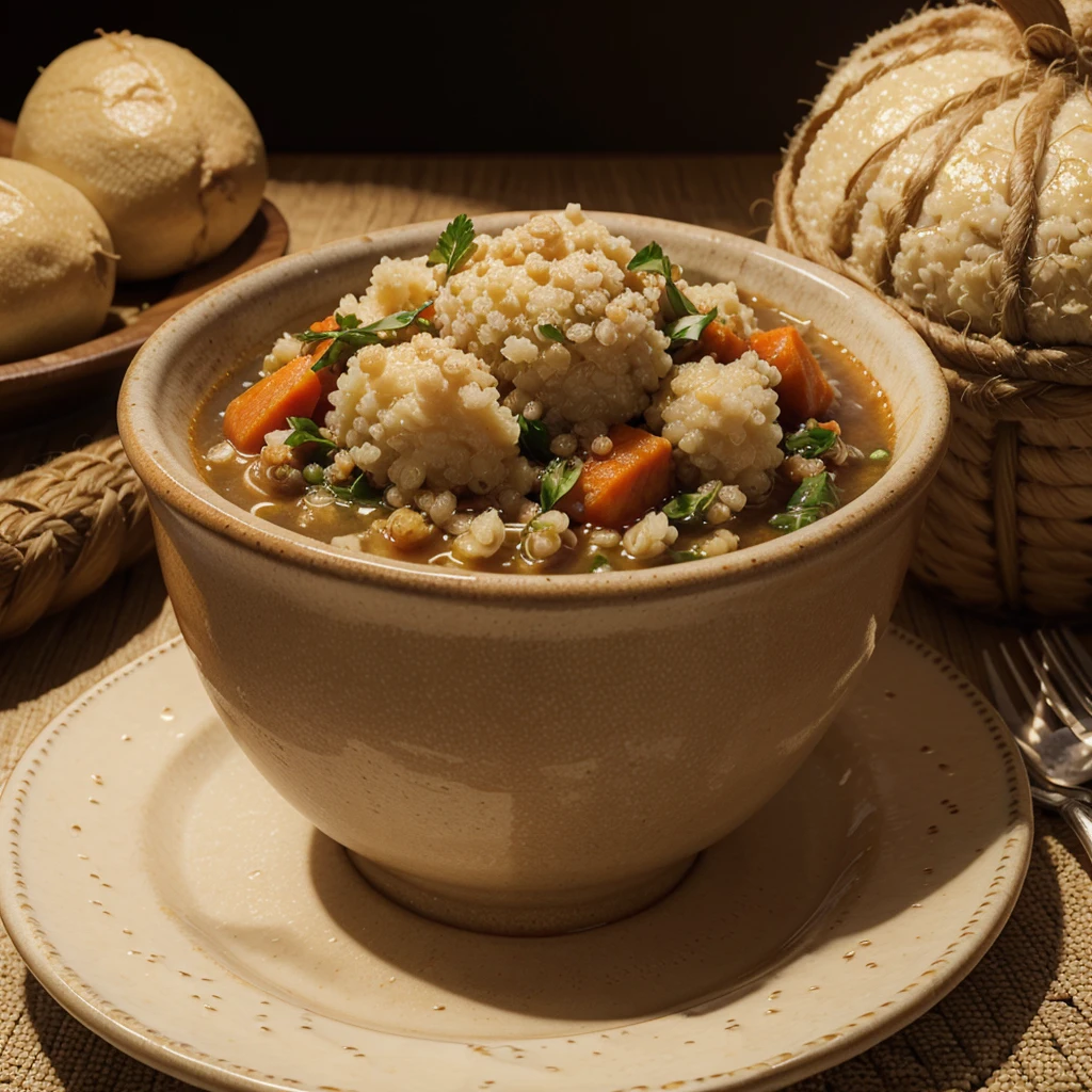 a plate of quinoa stew with boiled cassava, detailed food textures, realistic, 4k, photorealistic, studio lighting, vibrant colors, food not too close together, quinoa not wheat, highly detailed, masterpiece and have rice
