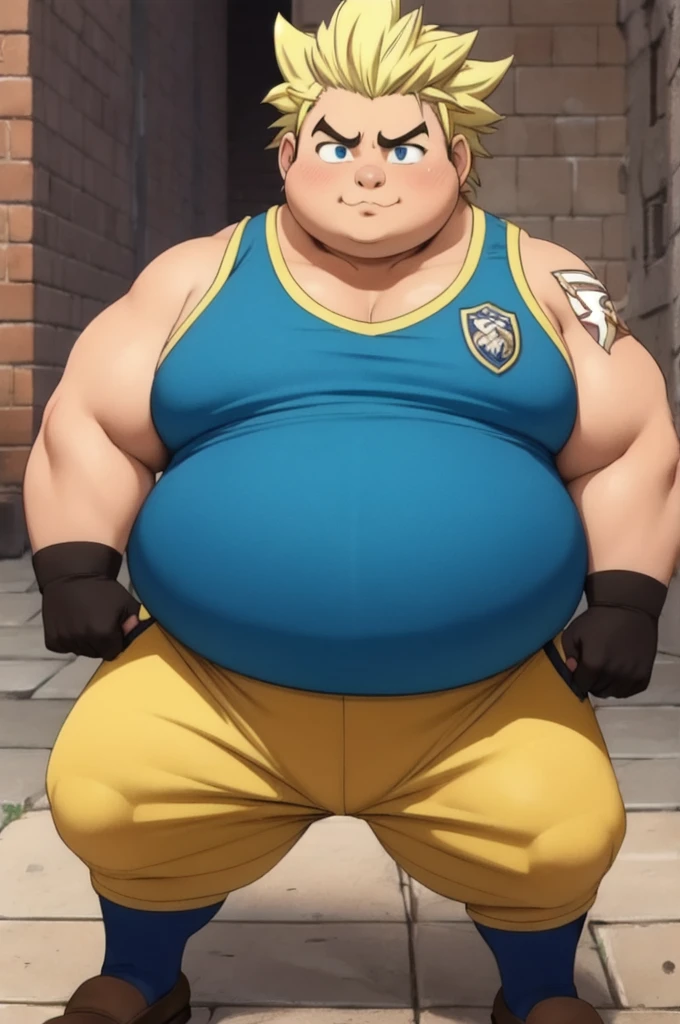 Epic Citizen Zootopia style, My Heroe Academia Character, Dungeons and Dragons style, A poor villager, obese Medieval Fantasy, Real life, Anime serie, Anime character, Obese muscle Obese Sumo wrestler Werebeast Kid, full body pic (obese, strong legs and arms) Sumo wrestler Werebeast Kid. Obese muscle fat kid (bulky, wide, broad shoulders), Citizen obese Werebeast kid,  masterpiece, best quality, game cg, 1boy, solo, male focus, looking at viewer, upper body, depth of field, anime coloring, , sting_eucliffe, blonde hair, blue eyes, spiked hair, , ,