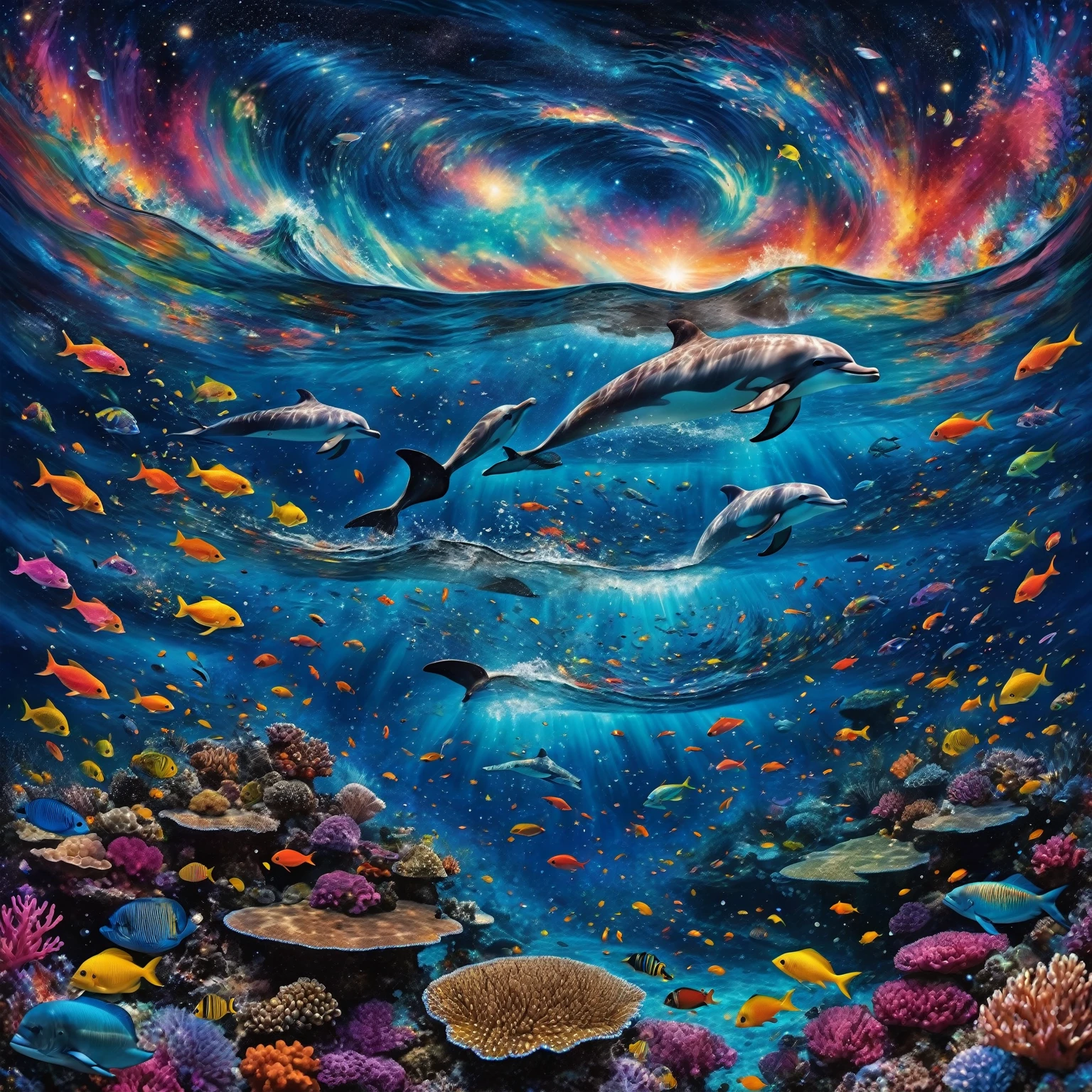 The image depicts a fairytale underwater scene where dazzling coral reefs mingle with a myriad of shimmering fish. A graceful woman swims amidst this vibrant ecosystem, surrounded by a symphony of colors and aquatic life. Above the surface, a huge, enigmatic eye emerges from swirling cosmic waves, creating a striking contrast. A majestic dolphin leaps through the starry air, where the night sky merges with the ocean, dotted with glittering galaxies. The whole scene is bathed in an atmosphere of dreams and magic, where every element evokes a fantastic and wonderful universe, full of mystery and wonder.)bokeh,ice and water, Peki,extremely detailed