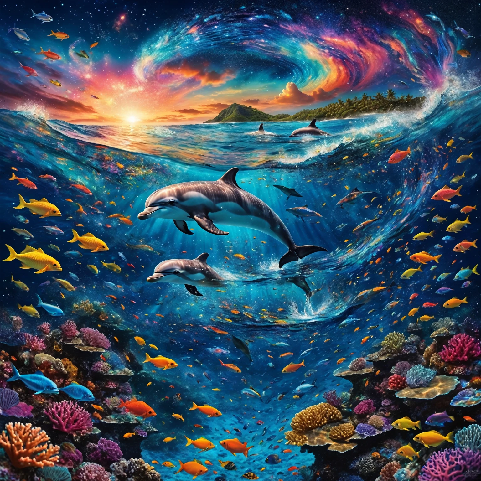 The image depicts a fairytale underwater scene where dazzling coral reefs mingle with a myriad of shimmering fish. A graceful woman swims amidst this vibrant ecosystem, surrounded by a symphony of colors and aquatic life. Above the surface, a huge, enigmatic eye emerges from swirling cosmic waves, creating a striking contrast. A majestic dolphin leaps through the starry air, where the night sky merges with the ocean, dotted with glittering galaxies. The whole scene is bathed in an atmosphere of dreams and magic, where every element evokes a fantastic and wonderful universe, full of mystery and wonder.)bokeh,ice and water, Peki,extremely detailed