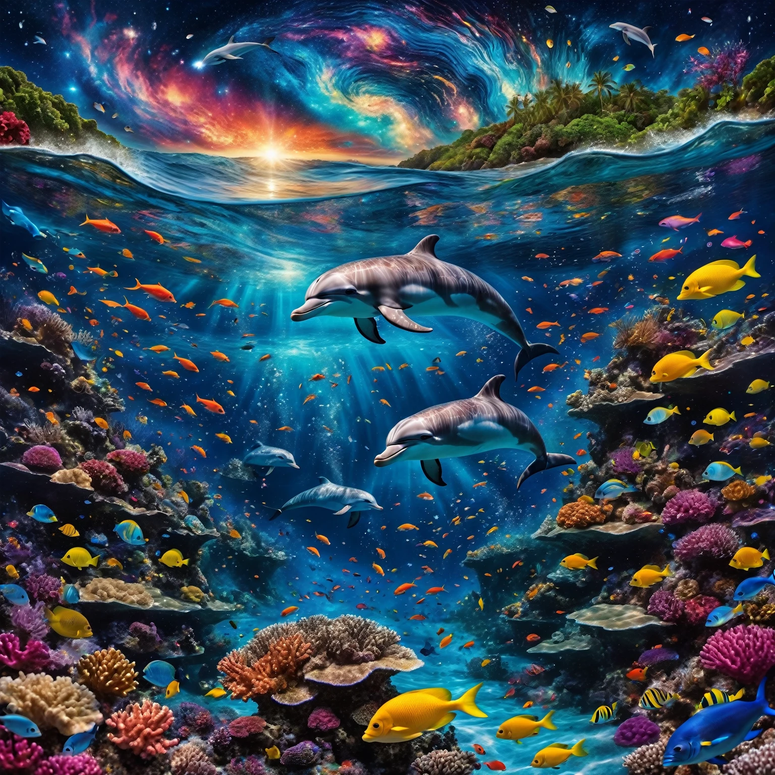 The image depicts a fairytale underwater scene where dazzling coral reefs mingle with a myriad of shimmering fish. A graceful woman swims amidst this vibrant ecosystem, surrounded by a symphony of colors and aquatic life. Above the surface, a huge, enigmatic eye emerges from swirling cosmic waves, creating a striking contrast. A majestic dolphin leaps through the starry air, where the night sky merges with the ocean, dotted with glittering galaxies. The whole scene is bathed in an atmosphere of dreams and magic, where every element evokes a fantastic and wonderful universe, full of mystery and wonder.)bokeh,ice and water, Peki,extremely detailed