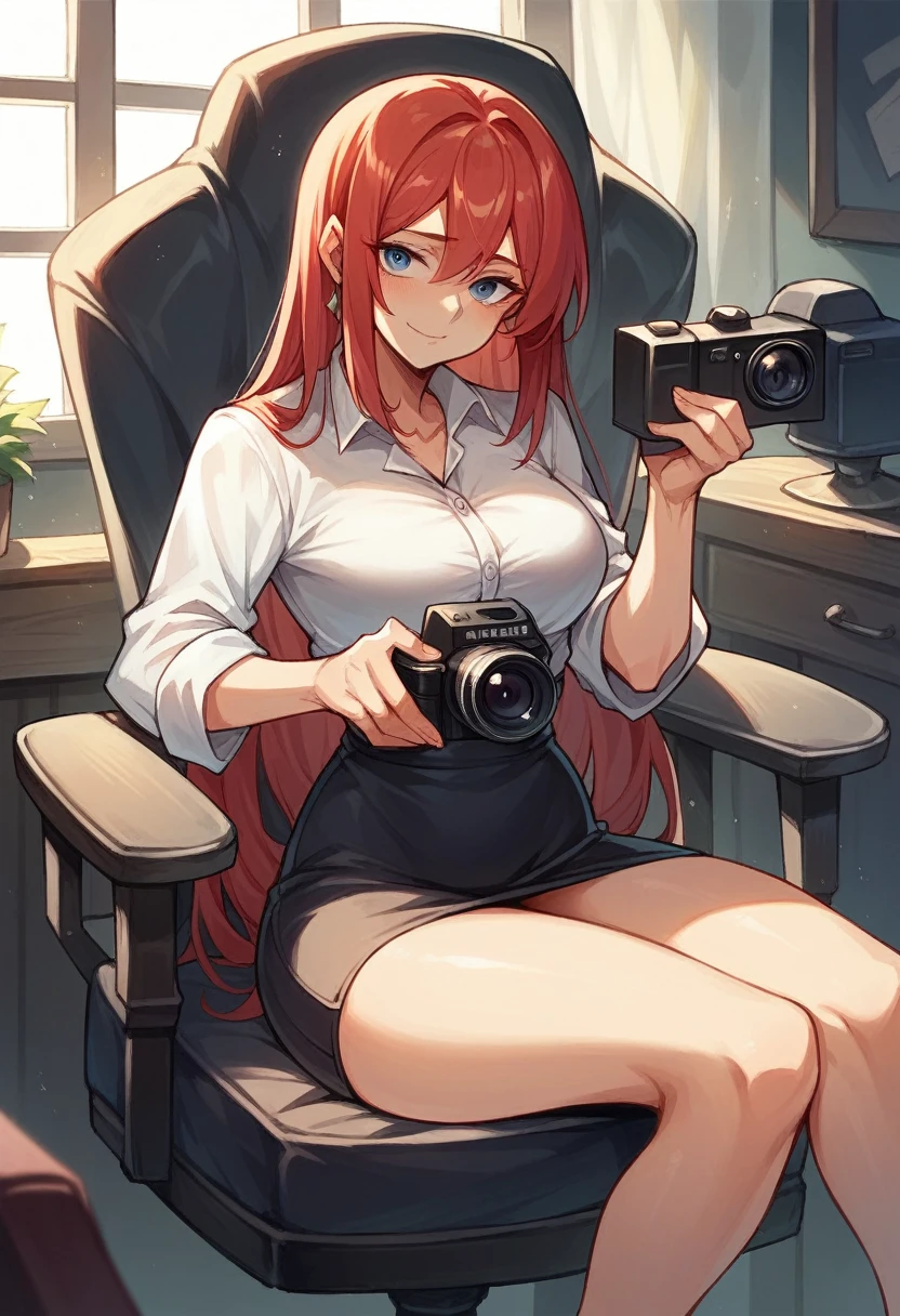 director, an anime girl with long red hair, blue eyes, a camera in front of her, sitting in the director's chair, 8K İmage Quality