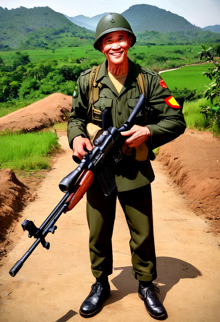 A man standing on a rock,Holding a rifle, Vietnam War soldier, Vietnamese soldier with skateboard, Vietnamese Gate gunner, inspired by Yasutomo Oka, Full body portrait of a forest ranger, User Photosture, carrying a rifle, User Photos, Profile photo, with the mountains in the background, Vietnam War, Torn field uniform, with the mountains in the background, Jim Carrey
