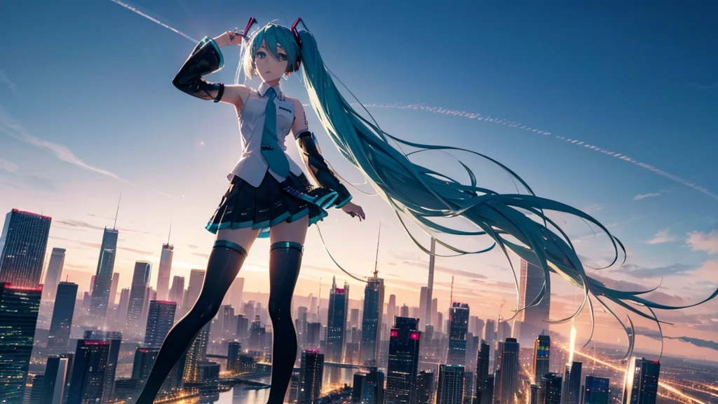 Hatsune Miku against a vast, futuristic city skyline、A spectacular scene showcasing colorful and energetic electronic dance music。