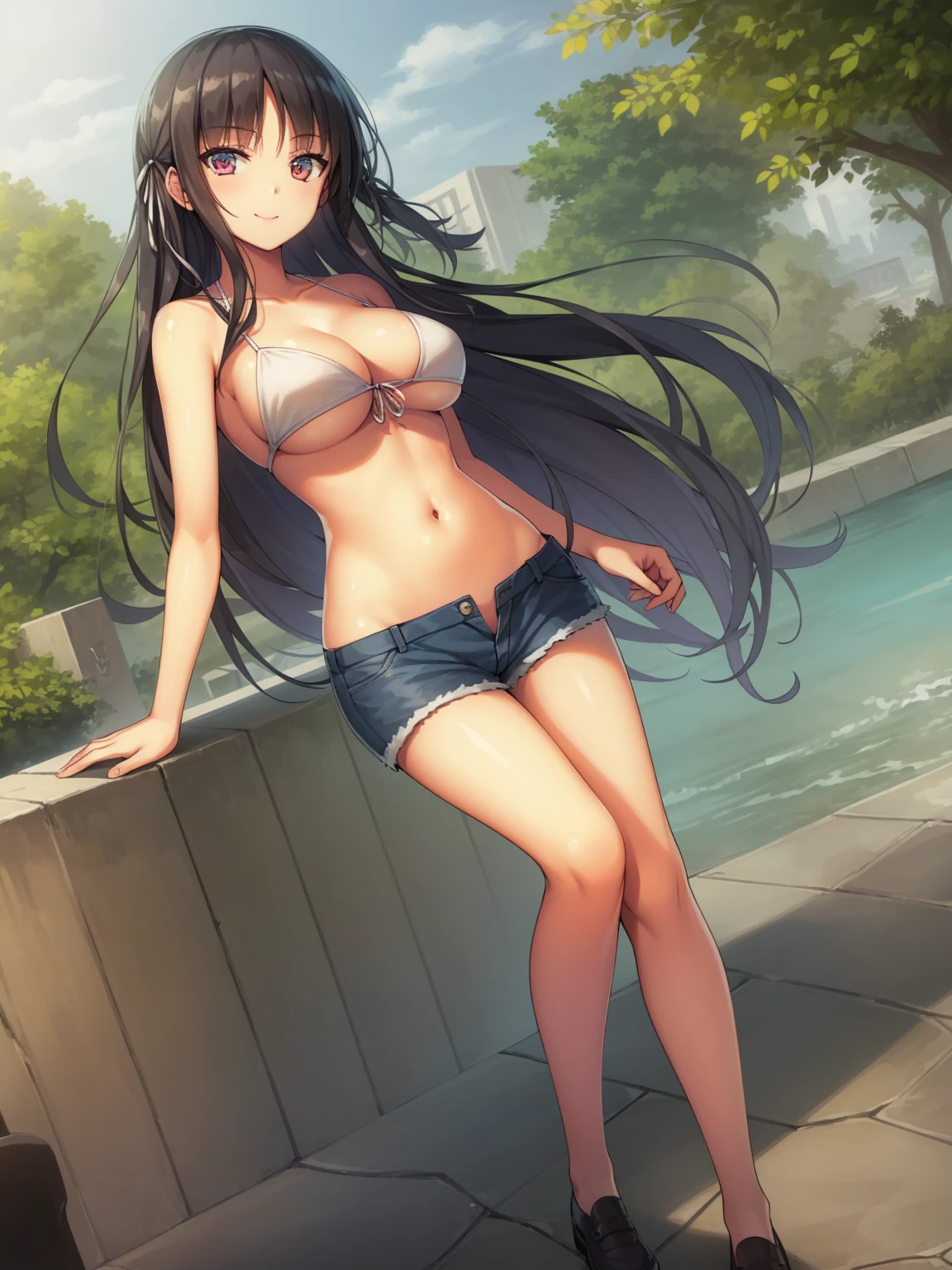 (8K, Highest quality, Highest quality, masterpiece), standing, 1girl, solo girl, only 1 girl)), fullbody, solo, cowboy shot, aasuzune, long hair, black hair, hair loose in the wind, leafs in the air, (dusk), bikini top, white bikini, black thighhighs, ((smile)), (Shorts, denim shorts), outdoors, large breasts, cleavage, underboob