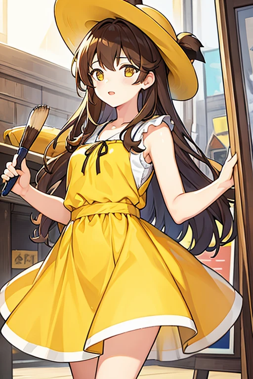 girl, long brown hair, yellow Hat, yellow dress with paint stains, Artist
