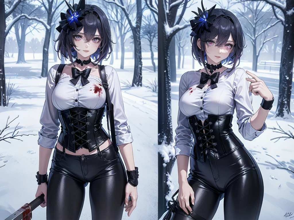 ((blood droplets)), ((blood)), ((blood splatter)), ((blood on clothes)), ((blood stain)), Masterpiece, Beautiful art, professional artist, 8k, Very detailed face, Detailed clothing, detailed fabric, 1 girl, Soul Fullness \(Honkai Impact 3rd\), front view, standing, BIG BREASTS, perfectly drawn body, shy expression, pale skin, beautiful face, short dark blue hair, 4k eyes, very detailed eyes, pink cheeks, choker:1.6, (white long sleeve button down shirt with white collar), black gloves, gloves that cover hands, (holds an ax with his right hand), (black leather corset), (shiny black leggings), Sensual Lips , winter night, show details in the eyes, looking at the viewer, dark forest, Atmosphere, fog, At night