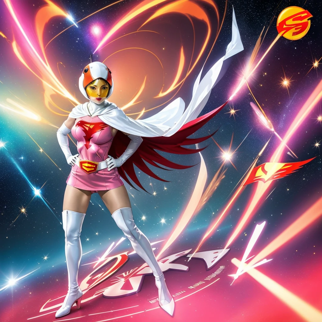 ANI_CLASSIC_jun_gatchaman_ownwaifu,1girl, 15 years old,good anatomy, masterpiece, best quality,realistic, hyper realistic, 16k hdr, long hair,breasts,lips,large breasts,lipstick,makeup,gloves,cape,helmet,belt,elbow gloves,white gloves,mask,ultra miniskirt,leotard,spacesuit,white tight overknee highheels boots,pink dress,superhero,bodysuit,cleavage,erected nipples,(stand pose,hands on hip),(spread legs:1.1),cameltoe