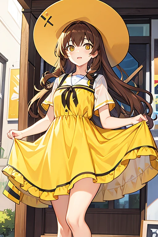 girl, long brown hair, yellow Hat, yellow dress with paint stains, Artist
