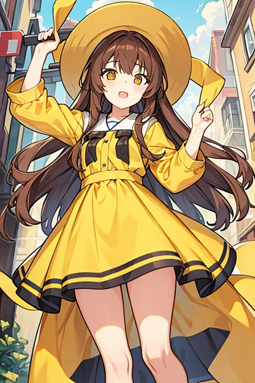 girl, long brown hair, yellow Hat, yellow dress with paint stains, Artist
