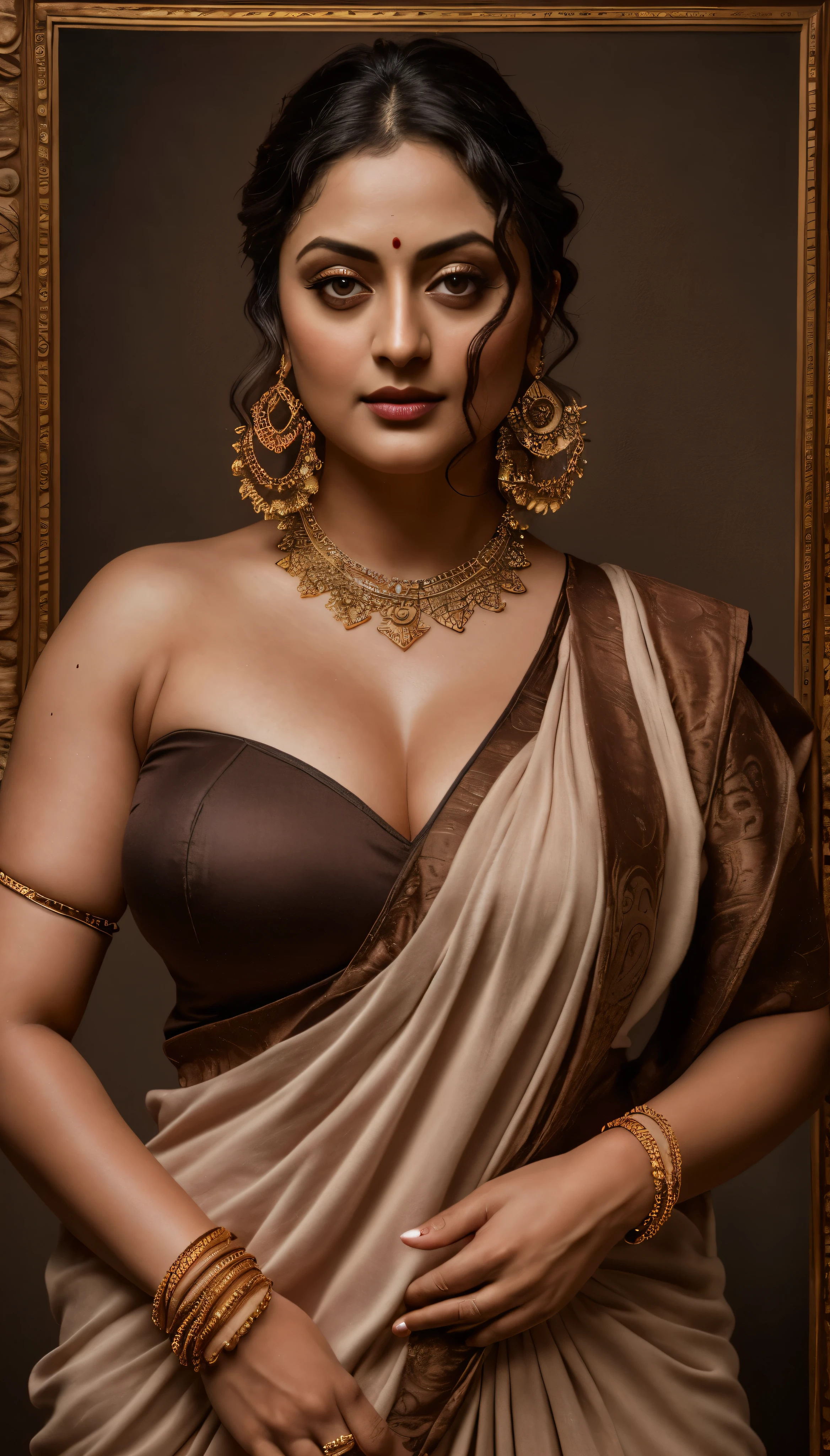 Looks like Sandeepa Dhar, a photo portrait of a beautiful girl 40 years old Woman, curvy hot mommy figure, fleshy figure, feminine curve, with curls, styled black hair, (face portrait:1.5), dramatic light, Rembrandt lighting scheme, bust shot, linen tank top , top quality editorial photograph, skin texture, skin pores, chocolate skin, high quality skin, top quality photography, professional photography, professional retouching, insane detailing, warm moody tones, modern clothes, highly detailed armpits, 