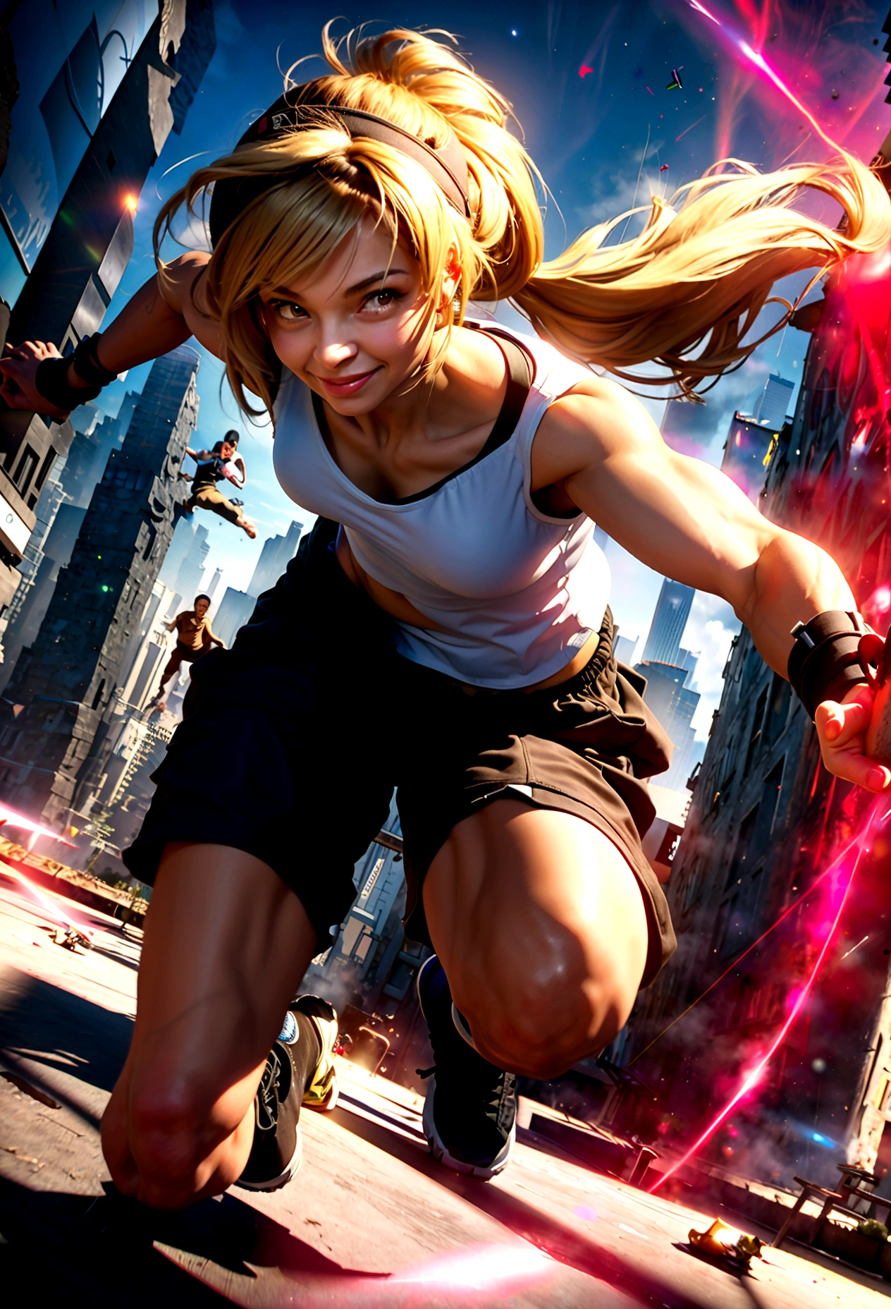 quality\(8k,wallpaper of extremely detailed CG unit, masterpiece,hight resolution,top-quality,top-quality real texture skin,hyper realisitic,increase the resolution,RAW photos,best qualtiy,highly detailed,the wallpaper,cinematic lighting,ray trace,golden ratio\), BREAK ,solo,1girl\(ponytail, blonde, long hair, floating hair, cosmic eyes, big eyes, short shirts, cargo pants, smiling,wearing cap, (player of parkour:1.5), running the edge of the skyscraper, muscular,\), BREAK , from above, ground looks far away, beautiful view, horrible view,(dynamic pose:1.4), (dynamic angle:1.4), urban cityscape,daytime,long shot