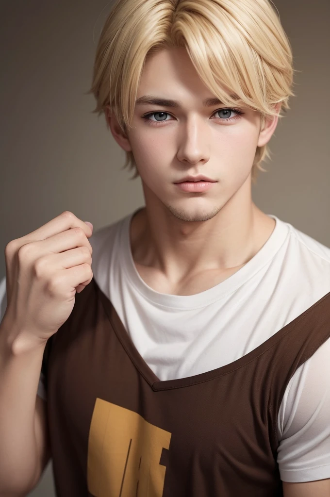 a boy(naughty man)Blonde with brown eyes, drawn in anime style, with big t-shirt, a perfect face, sensuous, strong broad shoulders