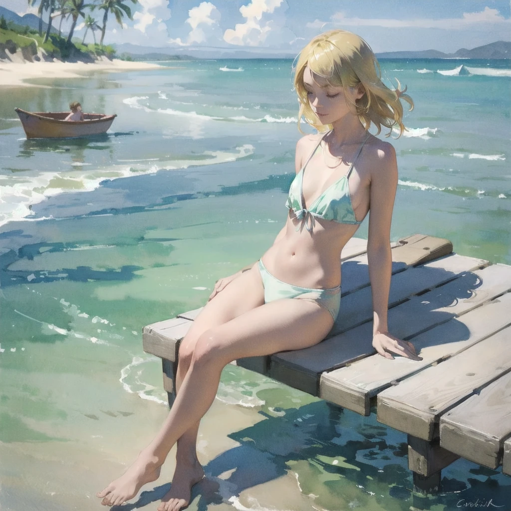 Tranquil voyager girl, in watercolor style, Photorealism, discreet pink and mint shades, barefoot, blonde hair