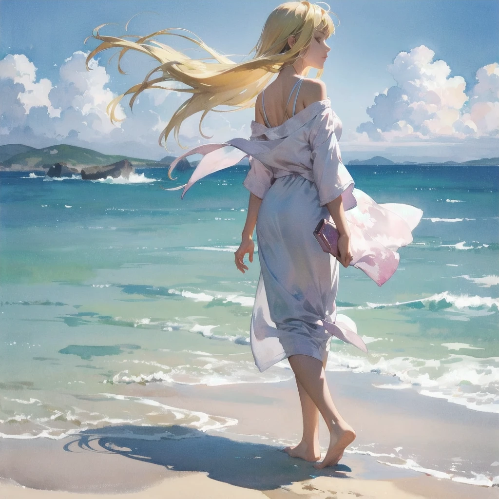 Tranquil voyager girl, in watercolor style, Photorealism, discreet pink and mint shades, barefoot, blonde hair