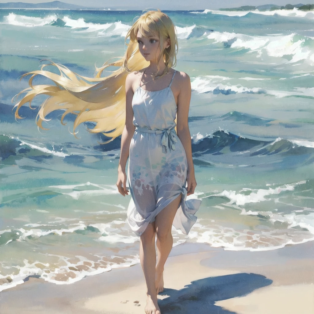 Tranquil voyager girl, in watercolor style, Photorealism, discreet pink and mint shades, barefoot, blonde hair