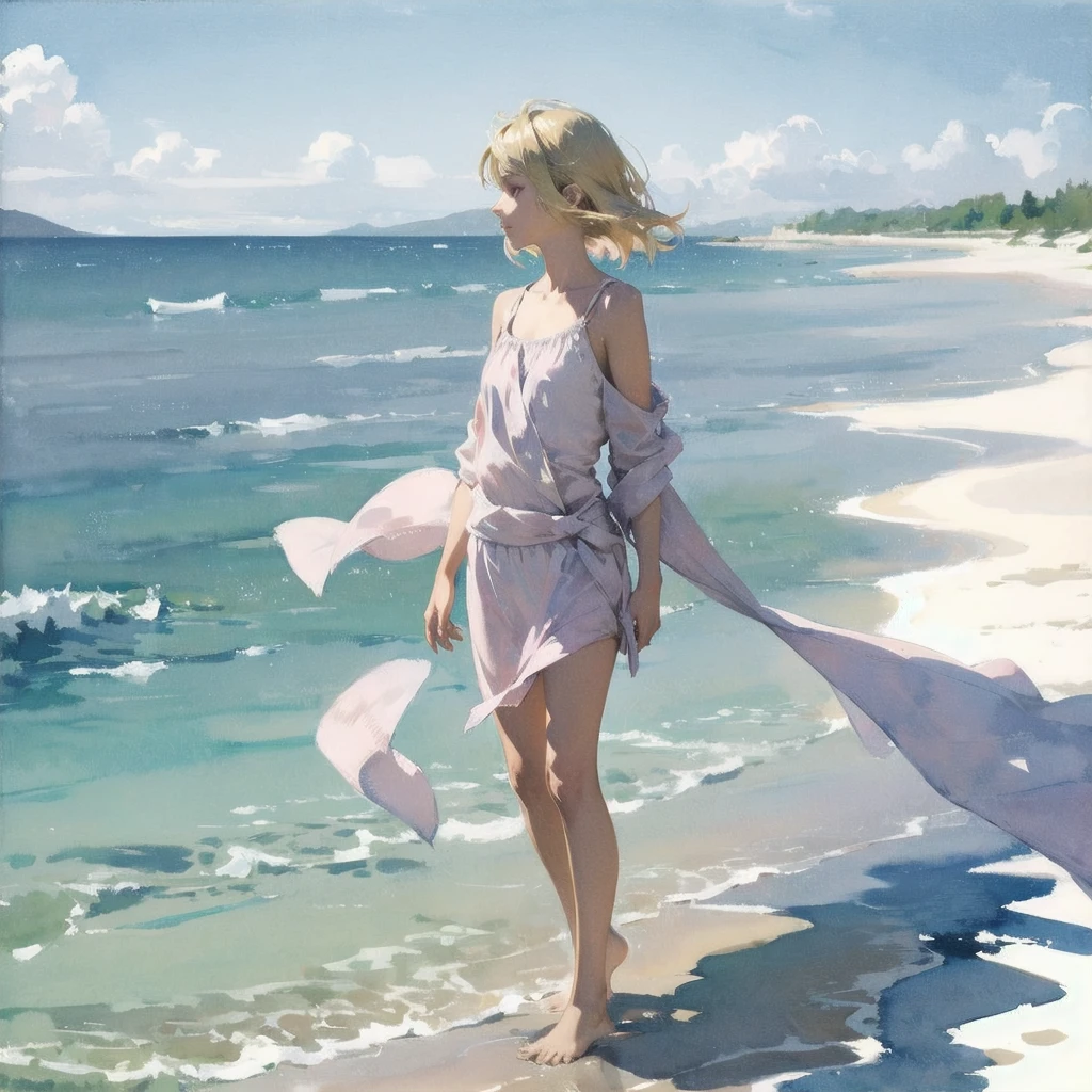Tranquil voyager girl, in watercolor style, Photorealism, discreet pink and mint shades, barefoot, blonde hair
