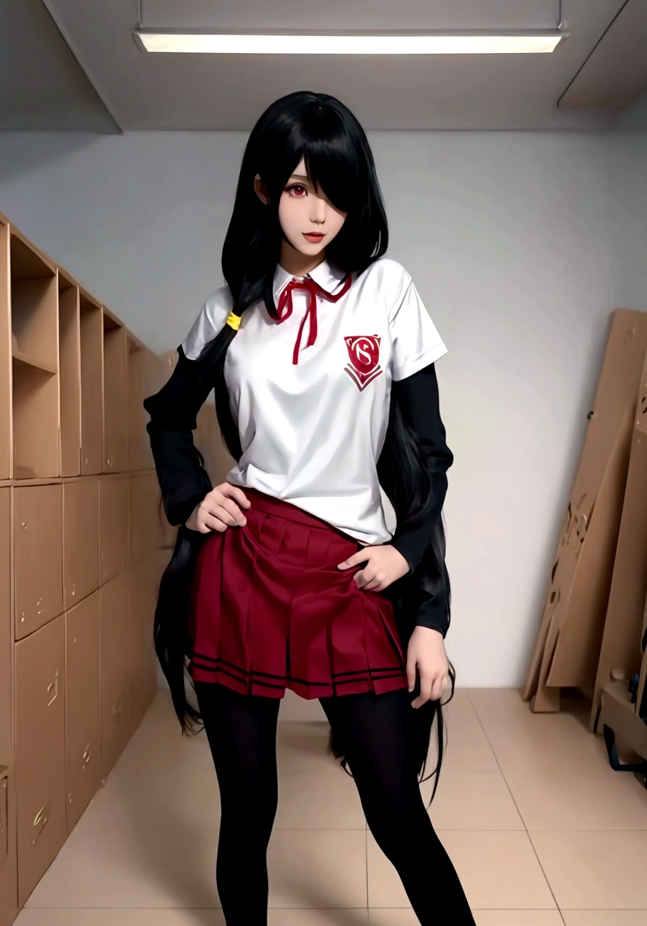 ultra-detailed,highly detailed,best quality,masterpiece,illustration, 
The image features an anime-style character with long, dark hair and heterochromatic eyes—one red and one yellow. The character is wearing a white sports shirt with red accents and a matching red skirt. The setting appears to be a locker room or a sports equipment room, as there are clothes and uniforms hanging in the background. The character's pose, with hands on hips and a slightly tilted head, suggests confidence or curiosity. The lighting is soft, casting gentle shadows and giving the scene a somewhat realistic touch despite its animated nature.