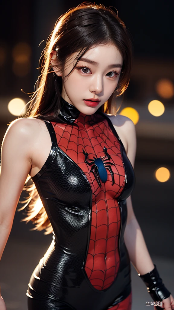 tmasterpiece,1 Korean girl，realisticlying，8K  UHD，high high quality，in the background bokeh, spider-man suit，Spidey，Clothes wrap around the whole body，Tight clothing，Abs contour，Short black hair，s the perfect face，shining face，Ultra-clear face，Elaborate Eyes，idoly