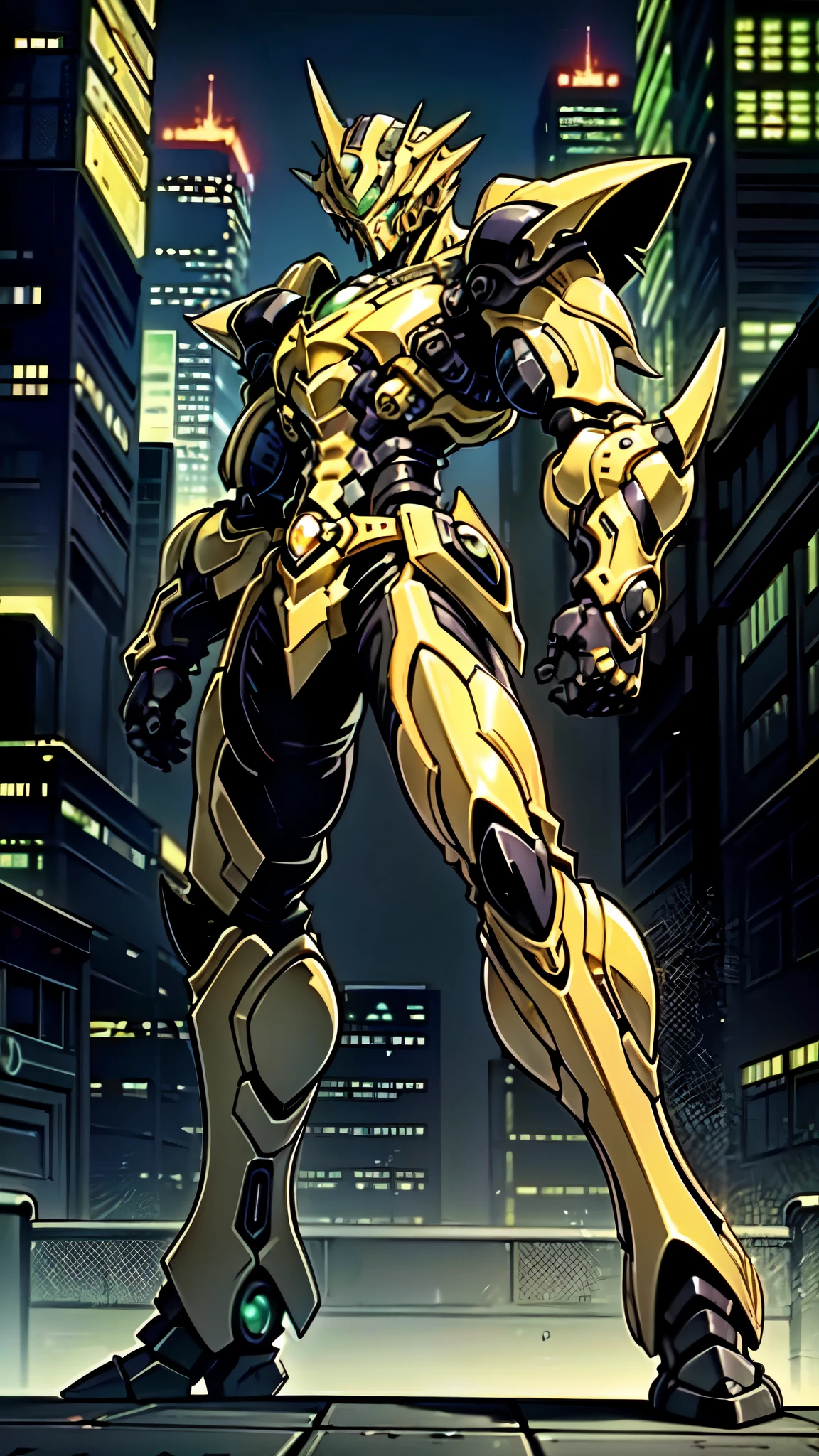 (masterpiece:1.5, best quality:1.5, extremely delicate:1.5, perspective:1.5, foreshortening:1.5, dynamic angle:1.5), a man wearing a full-face helmet, a fantasy-style biotech armored combat suit, green eyes, (a composite layered chest armor), fully enclosed shoulder guards, matching arm and leg guards, the belt is adorned with exhaust pipes, (the color scheme is primarily black glow with green and red accents), the design balances heavy with agility, a high-tech bio-mecha armor, (Armor Concept Inspired by Cyberpunk motorcycle, stand on the top of a skyscraper in a futuristic sci-fi city), this character embodies a finely crafted fantasy-surreal style armored hero in anime style, exquisite and mature manga art style, (battle damage, element, plasma, energy, the armor glows), ((male:1.5)), metallic, high definition, highres, ultra-detailed, ultra-fine painting, professional, perfect body proportions, golden ratio, anatomically correct, symmetrical face, extremely detailed eyes and face, high quality eyes, creativity, RAW photo, UHD, 32k, Natural light, cinematic lighting, masterpiece-anatomy-perfect