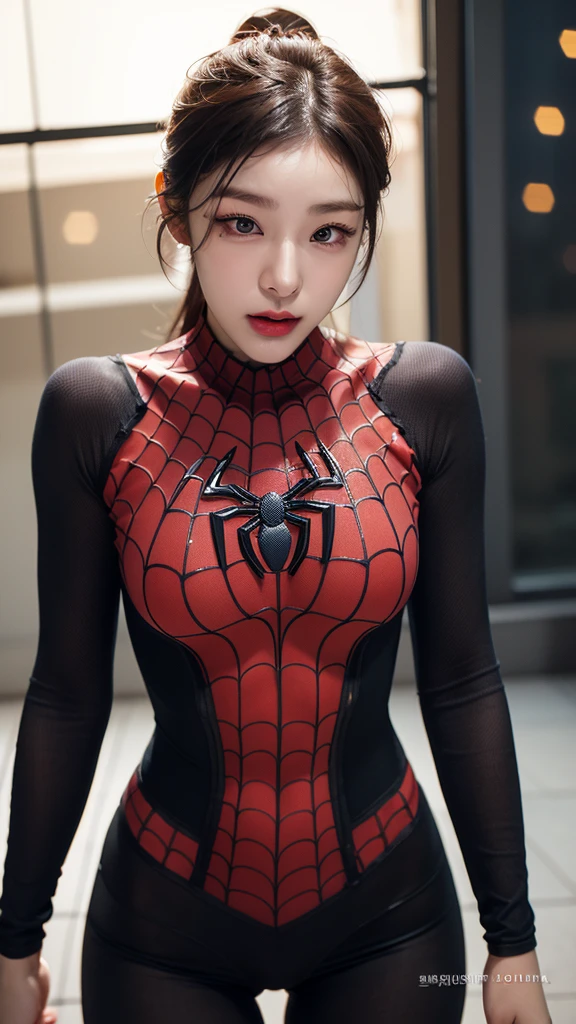 tmasterpiece,1 Korean girl,realisticlying,8K UHD,high high quality,in the background bokeh, spider-man suit,Spidey,Clothes wrap around the whole body,Tight clothing,Abs contour,Short black hair,s the perfect face,shining face,Ultra-clear face,Elaborate Eyes,idoly