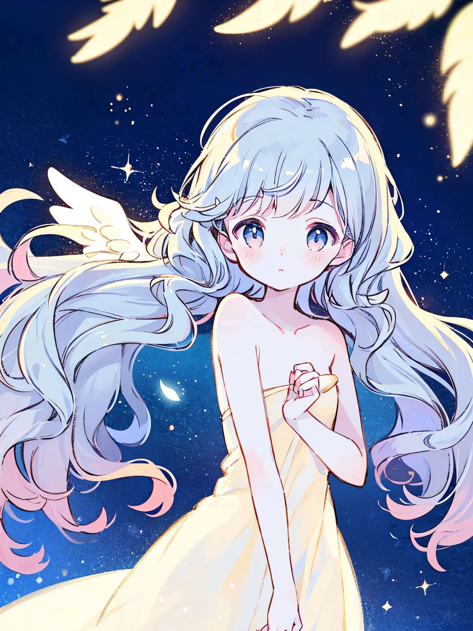 nude angel girl wearing an ethereal translucent dress, pale skin, ((blue mint wavy hair)), white feathers, angel wings, sparkling detailed eyes, golden ratio face, perfect composition, highly detailed, ethereal, (starry night sky background), midjourney style