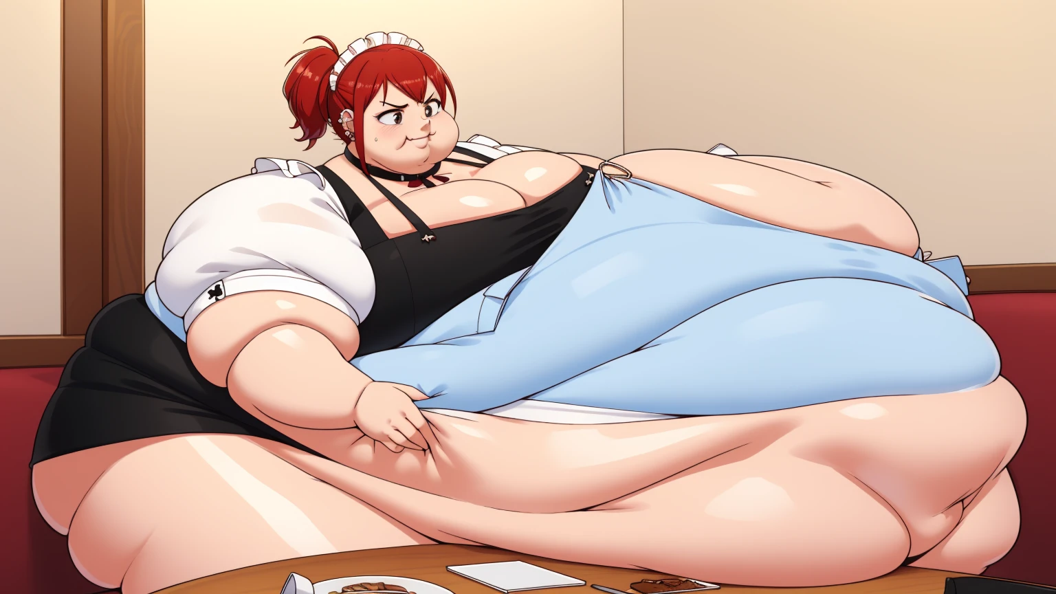 (Morbidly obese:1,1)1girl, solo(masterpiece, best quality:1.4), illustration, 8k, hd, 1girl, solo, short_messy_hair, red_hair, dress, white_thighhighs, no underwear, short_sleeves, frills, apron, brown_eyes, cleavage, metal_collar, anchor_choker, maid, white maid, ((big breast, angry, delinquent, bully, piercing, smirk)), (restaurant, maid cafe) Round face, double chin, fat chin, fat cheeks, fat neck, round face, SSBBW, flabby arms, round face, double chin, fat double chin, big double chin, fat neck, chubby cheeks, fat thighs, fat calves, morbidly obese, flabby , giant , large belly, obese, fat face, belly, double chin, obesity, flabby breasts, fat arms and legs, fat everything,