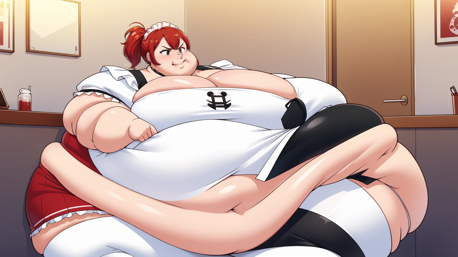(Morbidly obese:1,1)1girl, solo(masterpiece, best quality:1.4), illustration, 8k, hd, 1girl, solo, short_messy_hair, red_hair, dress, white_thighhighs, ????????????, short_sleeves, frills, apron, brown_eyes, cleavage, metal_collar, anchor_choker, maid, white maid, ((big ??????, angry, delinquent, bully, piercing, smirk)), (restaurant, maid cafe) Round face, double chin, fat chin, fat cheeks, fat neck, round face, SSBBW, flabby arms, round face, double chin, fat double chin, big double chin, fat neck, chubby cheeks, fat thighs, fat calves, morbidly obese, flabby , giant , large belly, obese, fat face, belly, double chin, obesity, flabby ???????, fat arms and legs, fat everything,
