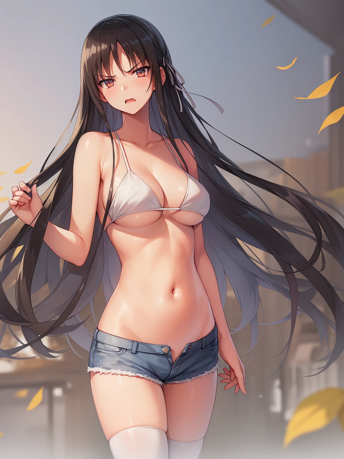 (8K, Highest quality, Highest quality, masterpiece), standing, 1girl, solo girl, only 1 girl)), fullbody, solo, cowboy shot, aasuzune, long hair, black hair, hair loose in the wind, leafs in the air, (dusk), bikini top, white bikini, black thighhighs, ((jealousy, angry)), (Shorts, denim shorts), outdoors, large breasts, cleavage, underboob