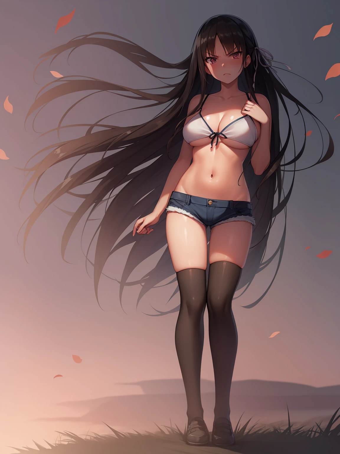 (8K, Highest quality, Highest quality, masterpiece), standing, 1girl, solo girl, only 1 girl)), fullbody, solo, cowboy shot, aasuzune, long hair, black hair, hair loose in the wind, leafs in the air, (dusk), bikini top, white bikini, black thighhighs, ((jealousy, angry)), (Shorts, denim shorts), outdoors, large breasts, cleavage, underboob