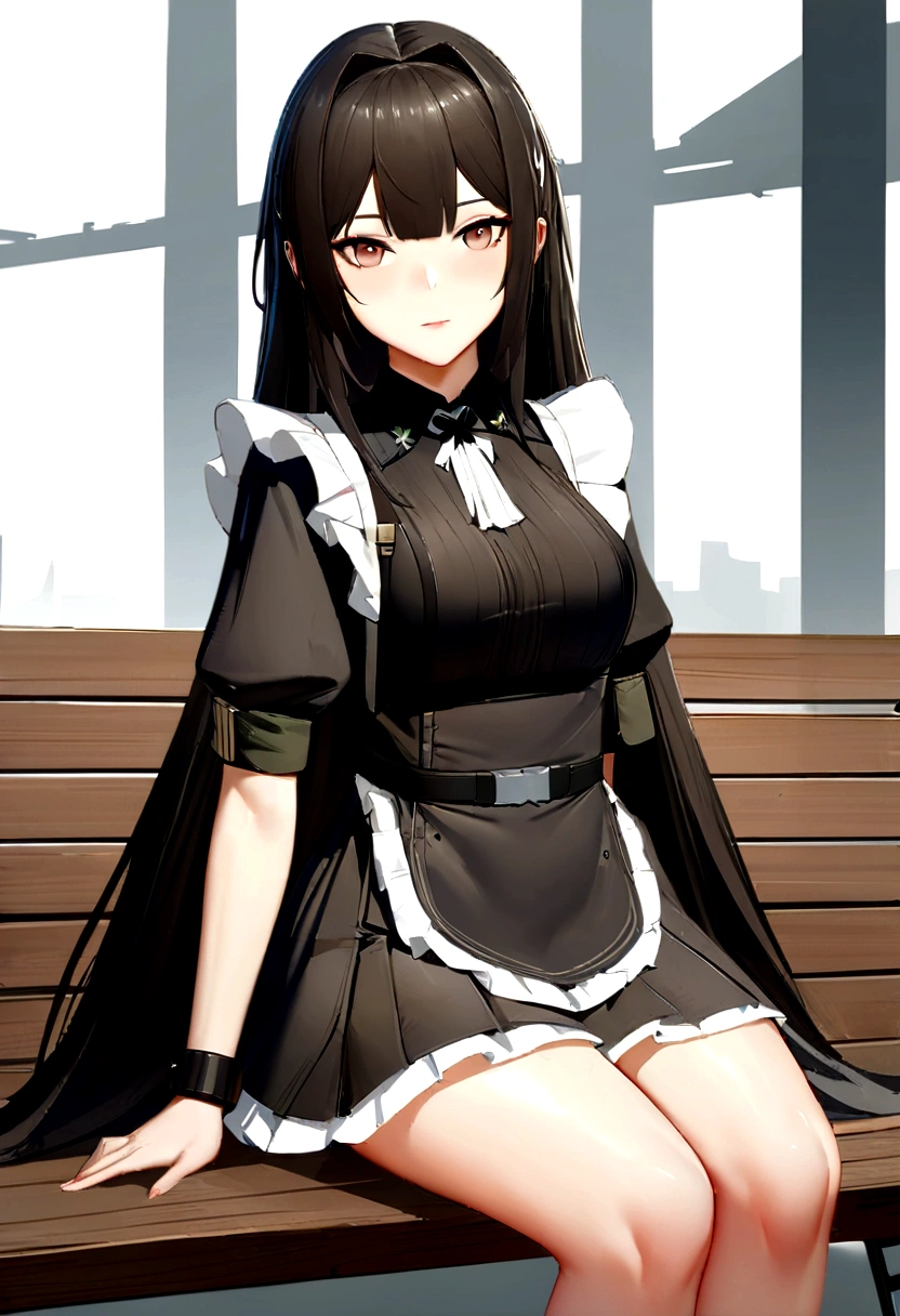 Anime style image of a woman in a dress sitting on a bench, 来自Girls Frontline, Fine details. Girls Frontline, Girls Frontline风格, Girls FrontlineCG, Blue Lane Style, From《Azur Lane》Electronic games, Girls Frontline, Hot topics on artstation pixiv, 《Azur Lane》Role in, Fleet Collection Style, Girls Frontline宇宙, anime maid ss military