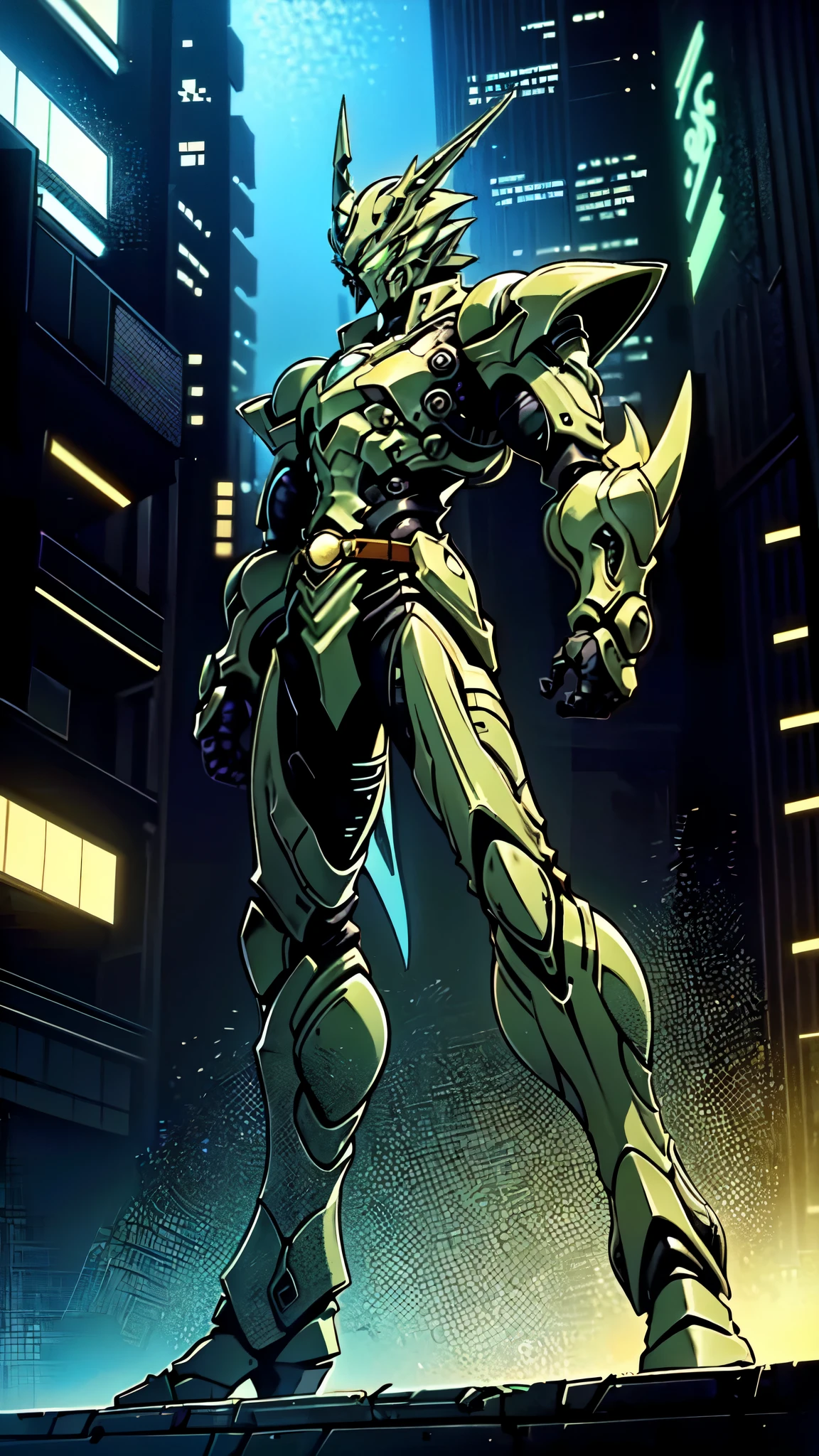 (masterpiece:1.5, best quality:1.5, extremely delicate:1.5, perspective:1.5, foreshortening:1.5, dynamic angle:1.5), a man wearing a full-face helmet, a fantasy-style biotech armored combat suit, green eyes, (a composite layered chest armor), fully enclosed shoulder guards, matching arm and leg guards, the belt is adorned with exhaust pipes, (the color scheme is primarily black glow with green and red accents), the design balances heavy with agility, a high-tech bio-mecha armor, (Armor Concept Inspired by Cyberpunk motorcycle, stand on the top of a skyscraper in a futuristic sci-fi city), this character embodies a finely crafted fantasy-surreal style armored hero in anime style, exquisite and mature manga art style, (battle damage, element, plasma, energy, the armor glows), ((male:1.5)), metallic, high definition, highres, ultra-detailed, ultra-fine painting, professional, perfect body proportions, golden ratio, anatomically correct, symmetrical face, extremely detailed eyes and face, high quality eyes, creativity, RAW photo, UHD, 32k, Natural light, cinematic lighting, masterpiece-anatomy-perfect