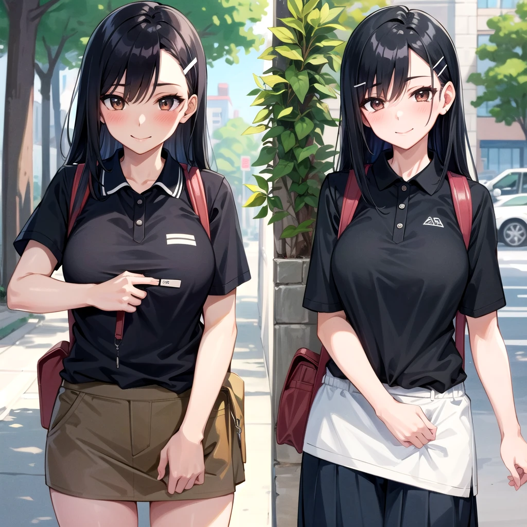 ((best quality)), ((masterpiece)), (details), one girl, sexy ((best quality)), ((masterpiece)), (details), one girl, sexy ((best quality)), ((masterpiece)), (details), one girl, full body, sexy expensive body, expensive, long legs, mature woman, mature, adult, it_nagatoro_main, Hayase Nagatoro, one girl, blushing, alone, uniform polo shirt, short sleeves, black hair, bag, brown eyes, hair accessory, looking at viewer, hair clip, outdoors, backpack, smiling, long hair, dark skinned woman, dark skin, , bangs, daytime, skirt, collared shirt, collarbone, ear clip, mouth closed, tree, asymmetrical bangs, upper body