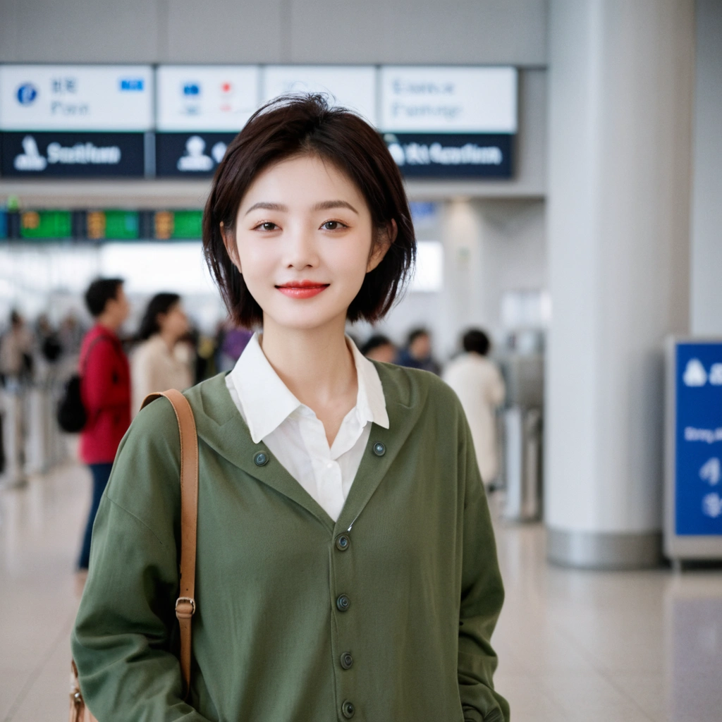 beautiful korean girl , 32 inch chest size, Your eyes are big and pretty. Short in stature. Standing in the departure hall of the airport. . short medium hair, Standing in line at the departure hall of Frankfurt Airport, Germany. He wore a white shirt, a green jumper, and white casual pants.s.Dragging a suitcase. short medium hair, short height, Full body shot with Canon camera 16-35 wide angle lens, short medium hair. expressionless, uhd