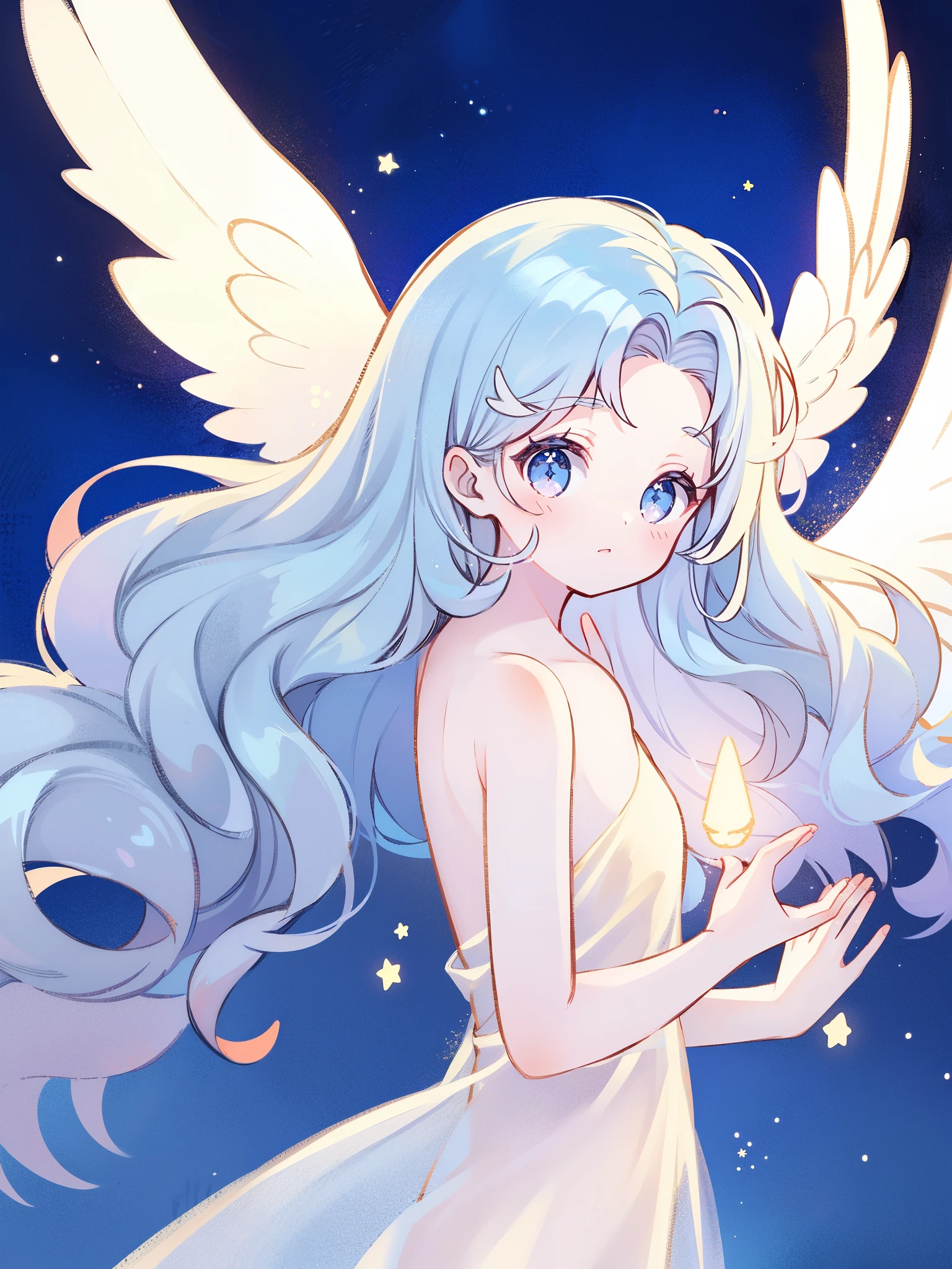 nude angel girl wearing an ethereal translucent dress, pale skin, ((wavy blue hair)), white feathers, angel wings, sparkling detailed eyes, golden ratio face, perfect composition, highly detailed, ethereal, (starry night sky background), midjourney style