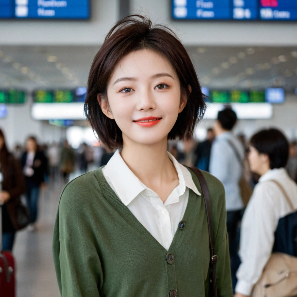 beautiful korean girl , 32 inch chest size, Your eyes are big and pretty. Short in stature. Standing in the departure hall of the airport. . short medium hair, Standing in line at the departure hall of Frankfurt Airport, Germany. He wore a white shirt, a green jumper, and white casual pants.s.Dragging a suitcase. short medium hair, short height, Full body shot with Canon camera 16-35 wide angle lens, short medium hair. expressionless, uhd