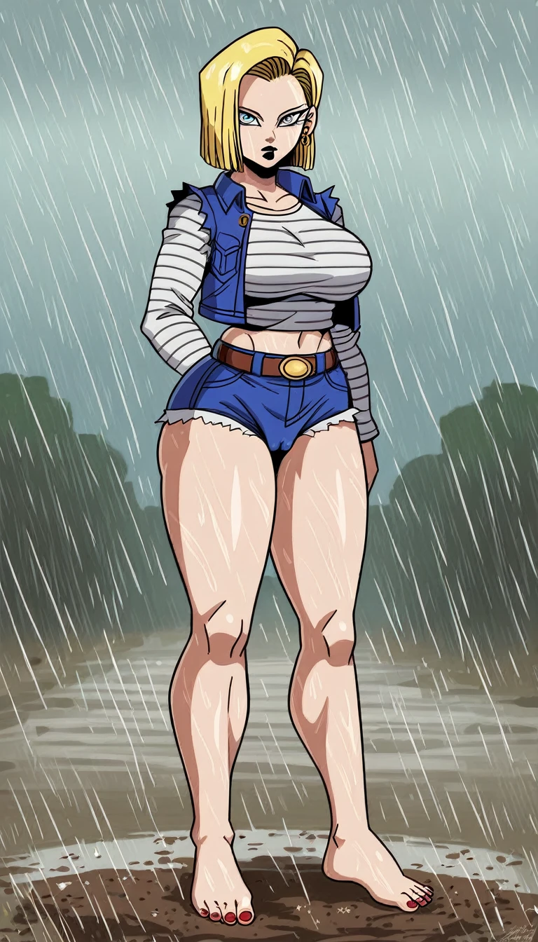 (masterpiece, best quality:1.2), Android 18, blonde hair, 1girl, short shorts, thick butt, red nails, black lipstick, barefoot, extra large breasts, cameltoe, dirt road, countryside, masterpiece, best quality, absurdres, highres, 4k, ray tracing, perfect face, perfect eyes, intricate details, highly detailed, (best quality:1.33), (masterpiece:1.42),(semi realistic:1.3), (detailed:1.15),(skin details), Dappled Light, analog style (look at viewer), (skin texture), (realistic texture skin), cinematic light, side lighting, ultra high res, best shadow, RAW, (Dutch angle:1.1), lightroom, cinematic, hdr, raw, (intricate:1.4), high quality, soothing tones, intricate details, extremely high quality RAW photograph, detailed background, intricate, Exquisite details and textures, highly detailed, ultra detailed photograph, warm lighting, 4k, sharp focus, high resolution, detailed skin, detailed eyes, 8k uhd, dslr, high quality, film grain, Fujifilm XT3, 
 Rainy Day: The diffused light and wet surfaces on a rainy day can create a moody and atmospheric environment, perfect for capturing reflections and street photography.,