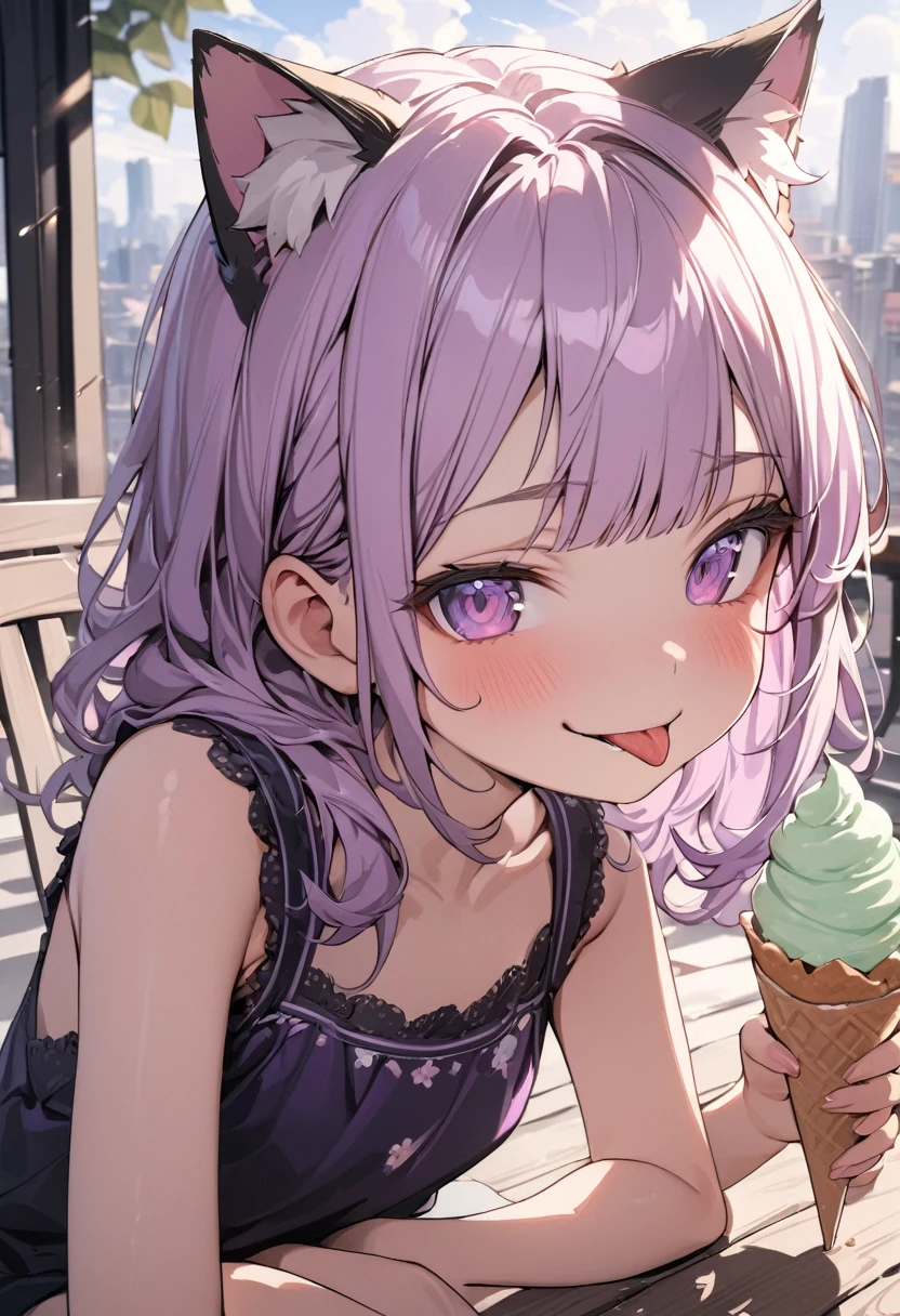 ((Masterpiece)), ((best quality)), ((kawaii)), ((extremely detailed)), 4K, (8K), (super detail:1.2), (High Definition:1.3), (Professional Photography:1.2), cinematic lighting, (very aesthetic:1.2), (absurdres:1.2), (sharp focus), (perfect light), ((1girl)),((12 years old)), (1girl), cute young girl, (naughty smile), ((sticking out tongue)), (Beautiful deep purple eyes:1.2), (put on cat ears), girl, (Embroidered cute tanktop), small breast, Healthy skin, (Healthy slim body), shortpants, BREAK, ((best quality)), (very aesthetic:1.2), (absurdres:1.2), ((extremely detailed)), (loose blunt bangs), ((Beautiful Silky hair)), medium hair, ((beautiful pale brown hair)), 🌈, ((Eating vanilla ice cream)), loose sitting on chair, ice cream on the café terrace, (the Midsummer Cafe Terrace), Beautiful cityscape Background, Large Cumulonimbus Clouds, pastel colors clouds, kawaii, cute colors,