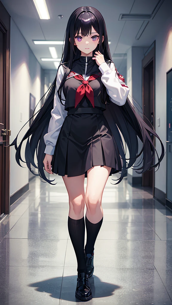 Girl with long black hair, purple eyes, UA uniform. High quality, HD. high resolution details. Walking through the halls of the UA academy. Anime style with the Boku No Hero Academi panel