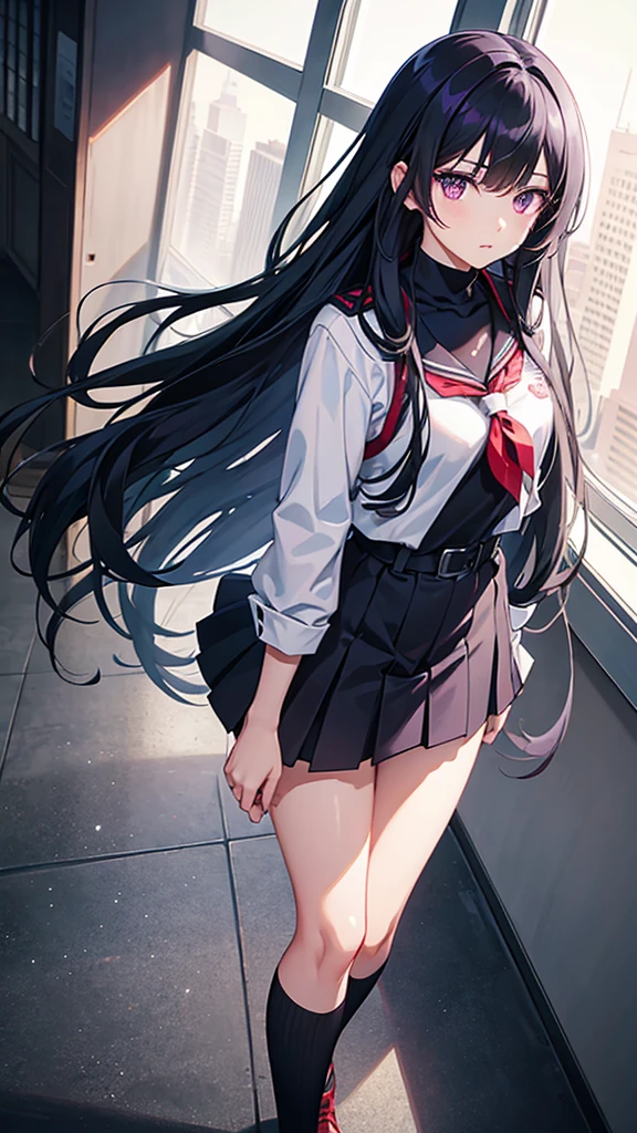 Girl with long black hair, purple eyes, UA uniform. High quality, HD. high resolution details. Walking through the halls of the UA academy. Anime style with the Boku No Hero Academi panel