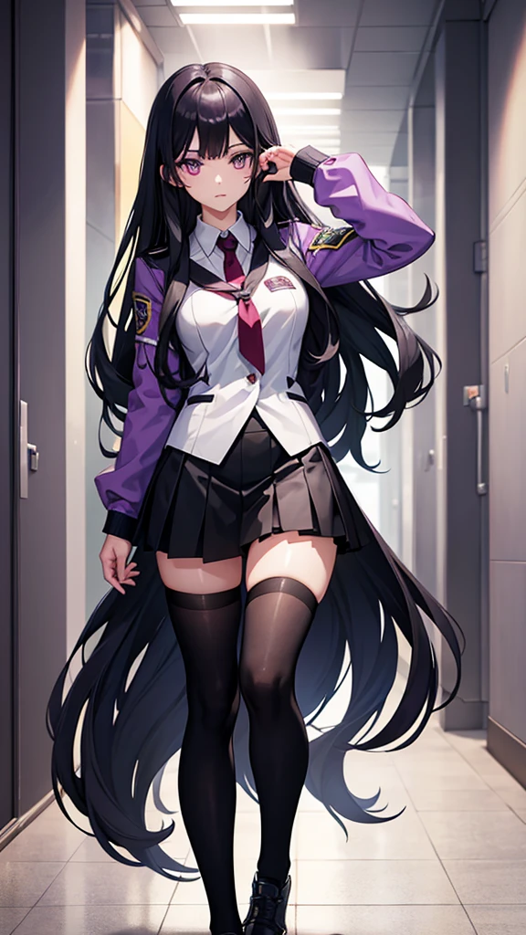 Girl with long black hair, purple eyes, UA uniform. High quality, HD. high resolution details. Walking through the halls of the UA academy. Anime style with the Boku No Hero Academi panel
